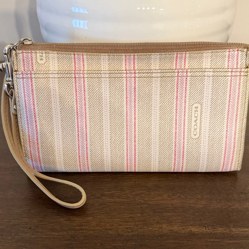 Coach Beige and Pink Striped Wristlet - Picture 2 of 8